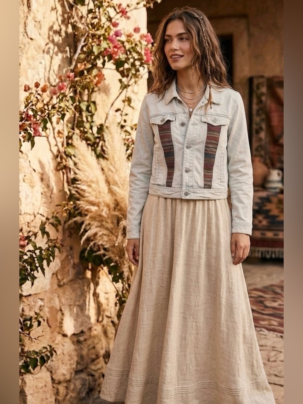 Free People Baja tapestry light wash denim jacket size 8